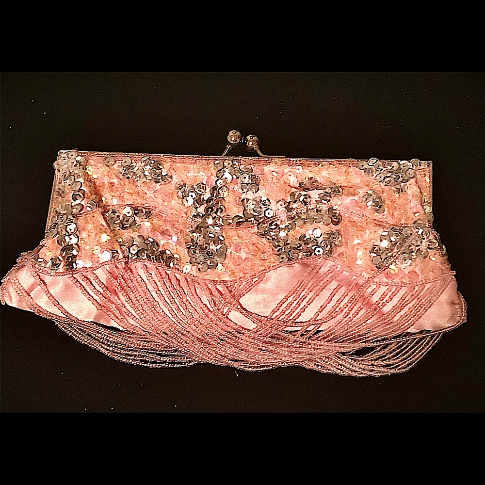 Pink clutch purse/handbag- with 2 size chain straps…Sequins/beaded holiday purse